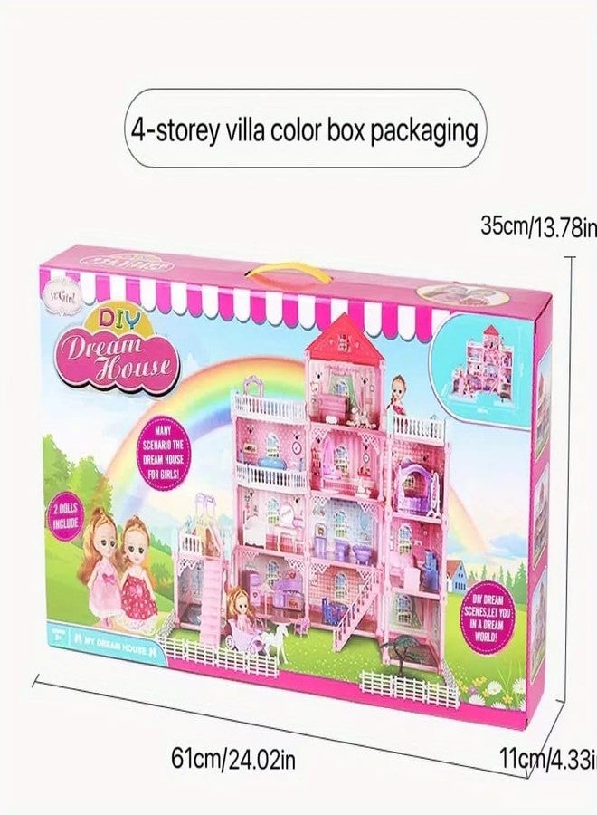 RABJET مجموعة ألعاب بيت الدمى من رابجيت، بيت لعب مكون من 4 طوابق و11 غرفة مع دميتين وشخصيتين لعبة مع إضاءة وإكسسوارات وأثاث، هدية مثالية للعب التخيلي للفتيات من عمر 3 إلى 9 سنوات - Image 3